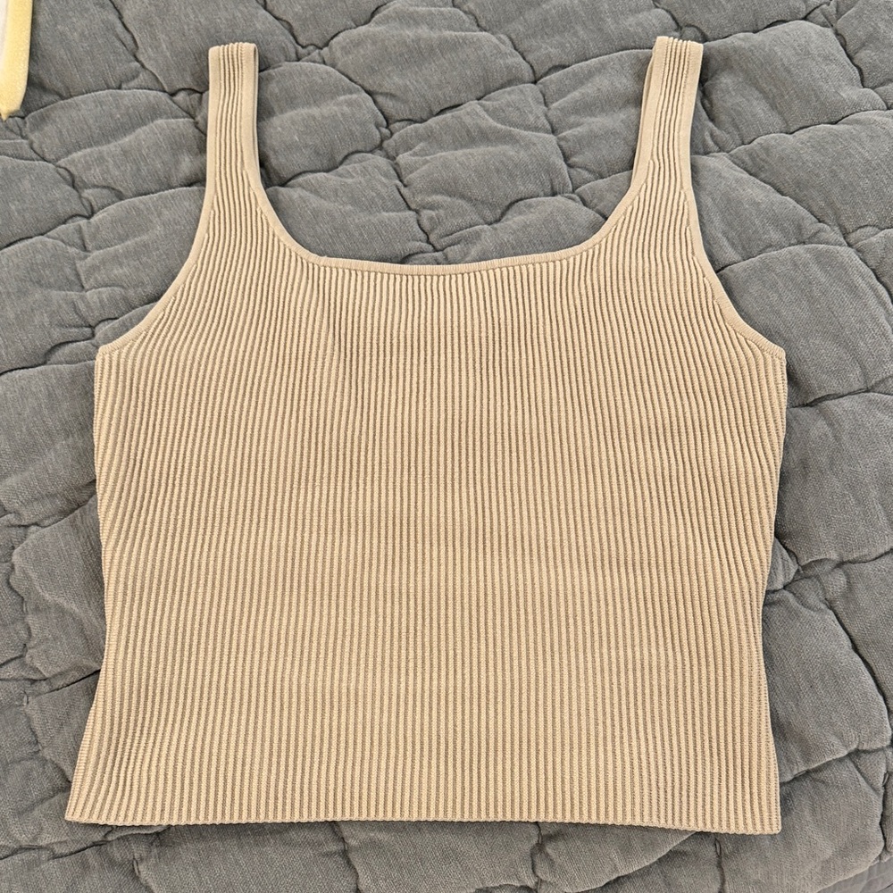 Babaton Beige Ribbed Knit Tank Top